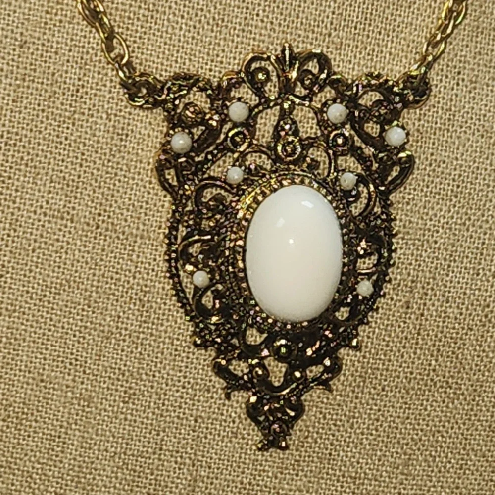 Vintage Gold Tone Filigree White Cabochon Victorian Revival Necklace